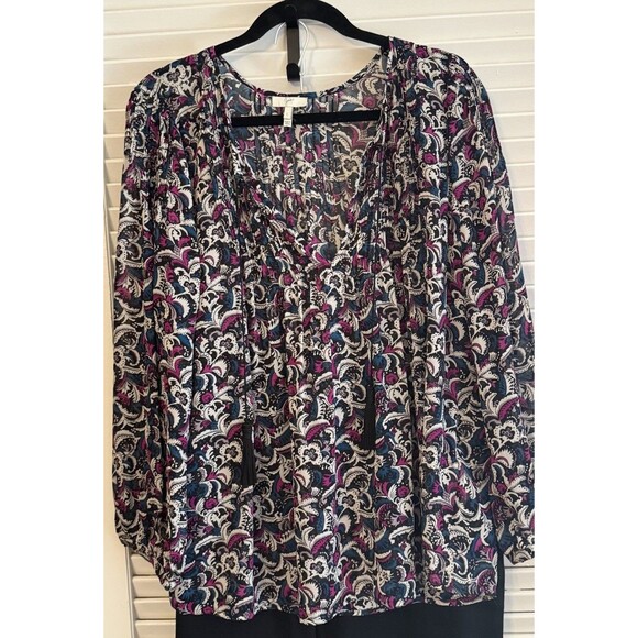 JOIE 100% Silk Paisley Bishop Sleeve Blouse Pleated Tasseled Boho Cottage Size L - Picture 4 of 12